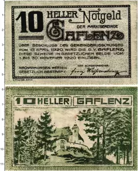 Банкнота 10 геллеров Австрии 1920 года Гафленц