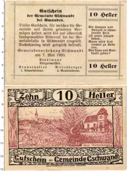 Банкнота 10 геллеров Австрии 1920 года Гессельберг