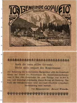 Банкнота 10 геллеров Австрии 1920 года Госау