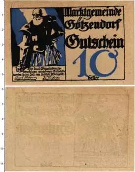 Банкнота 10 геллеров Австрии 1920 года Гётцендорф