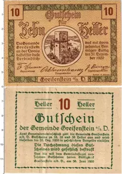 Банкнота 10 геллеров Австрии 1920 года Грайфенштейн Н