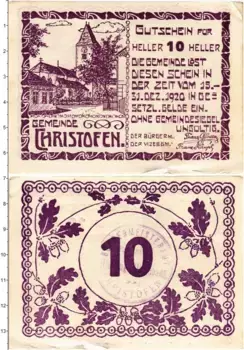 Банкнота 10 геллеров Австрии 1920 года Гристофен