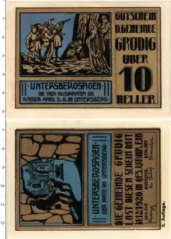 Банкнота 10 геллеров Австрии 1920 года Грёдиг