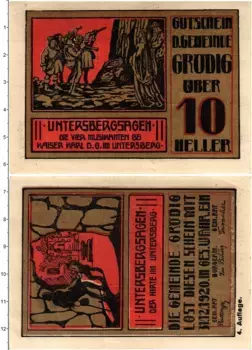 Банкнота 10 геллеров Австрии 1920 года Грёдиг
