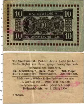 Банкнота 10 геллеров Австрии 1920 года Хайденрайхштайн