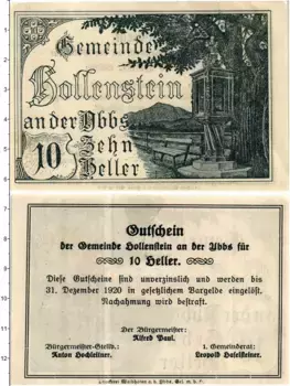 Банкнота 10 геллеров Австрии 1920 года Холленштайн