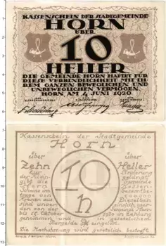 Банкнота 10 геллеров Австрии 1920 года Хорн
