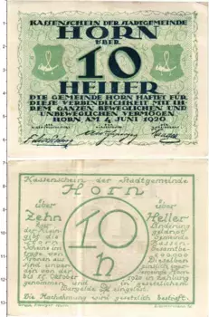 Банкнота 10 геллеров Австрии 1920 года Хорн