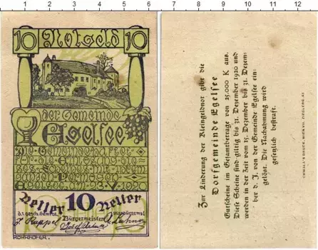Банкнота 10 геллеров Австрии 1920 года Эгельзе