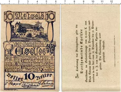 Банкнота 10 геллеров Австрии 1920 года Эгельзе