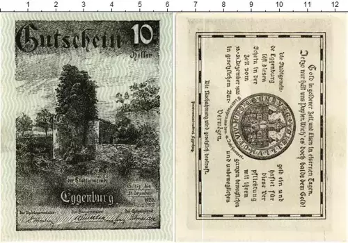 Банкнота 10 геллеров Австрии 1920 года Эггенбург
