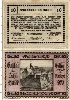 Банкнота 10 геллеров Австрии 1920 года Эммерсдорф