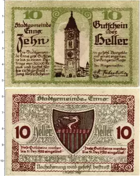 Банкнота 10 геллеров Австрии 1920 года Энс