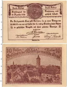 Банкнота 10 геллеров Австрии 1920 года Энс