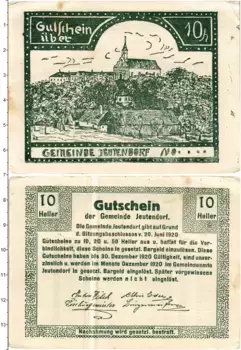 Банкнота 10 геллеров Австрии 1920 года Эутендорф