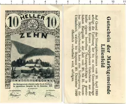 Банкнота 10 геллеров Австрии 1920 года Лилинфельд