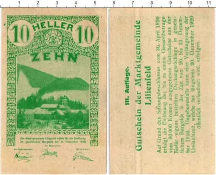 Банкнота 10 геллеров Австрии 1920 года Лилинфельд