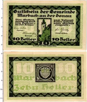 Банкнота 10 геллеров Австрии 1920 года Марбах-на-Дунае