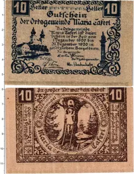 Банкнота 10 геллеров Австрии 1920 года Мария-Таферль