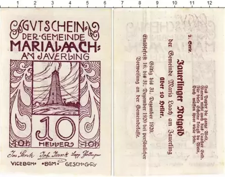 Банкнота 10 геллеров Австрии 1920 года Мария-Лах-ам-Яуэрлинг