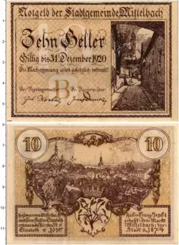 Банкнота 10 геллеров Австрии 1920 года Мистельбах