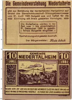Банкнота 10 геллеров Австрии 1920 года Нидертальхайм