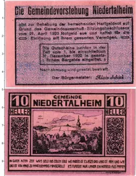 Банкнота 10 геллеров Австрии 1920 года Нидертальхайм