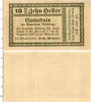 Банкнота 10 геллеров Австрии 1920 года Нёхлинг