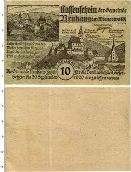 Банкнота 10 геллеров Австрии 1920 года Нойхаус