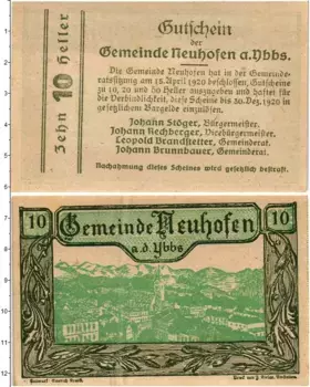 Банкнота 10 геллеров Австрии 1920 года Нойхофен-на-Ибсе