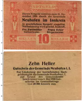 Банкнота 10 геллеров Австрии 1920 года Нойхофен-им-Иннкрайс