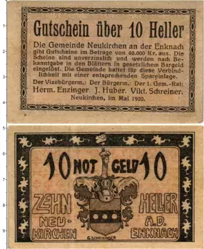 Банкнота 10 геллеров Австрии 1920 года Нойкирхен-ан-дер-Энкнах