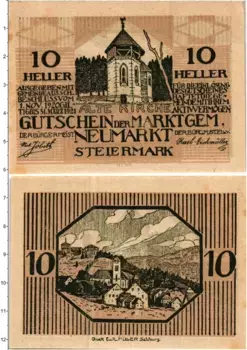 Банкнота 10 геллеров Австрии 1920 года Ноймаркт-ин-Штайермарк
