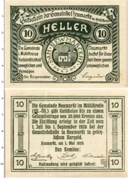 Банкнота 10 геллеров Австрии 1920 года Ноймаркт-им-Мюлькрейс