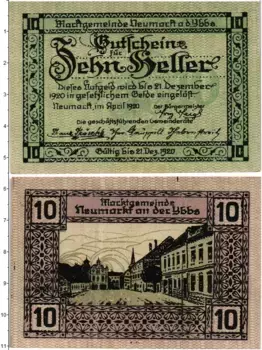Банкнота 10 геллеров Австрии 1920 года Ноймаркт-на-Ибсе
