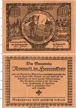 Банкнота 10 геллеров Австрии 1920 года Ноймаркт-им-Хаусруккрайс
