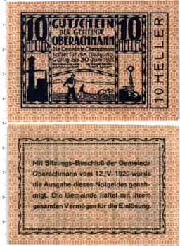 Банкнота 10 геллеров Австрии 1920 года Оберахман