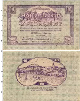 Банкнота 10 геллеров Австрии 1920 года Община Вайтра