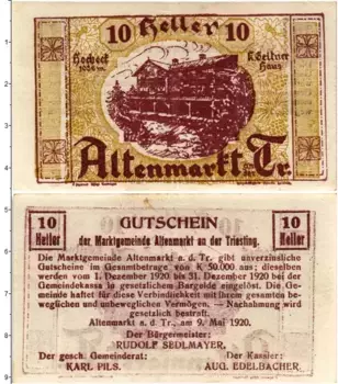 Банкнота 10 геллеров Австрии 1920 года Рыночный городок Альтенмаркт-ан-дер-Тристинг (Федеральная земля Нижняя Австрия)