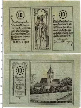 Банкнота 10 геллеров Австрии 1920 года Санкт-Панталеон-Эрла