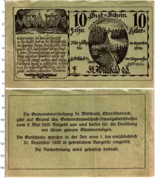 Банкнота 10 геллеров Австрии 1920 года Санкт-Виллибальд