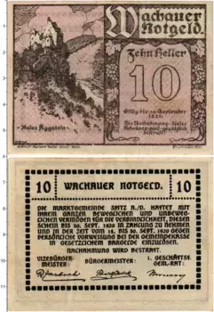 Банкнота 10 геллеров Австрии 1920 года Шпиц на Дунае