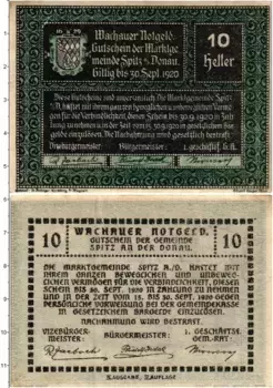 Банкнота 10 геллеров Австрии 1920 года Шпиц на Дунае