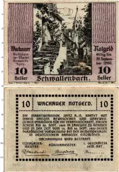 Банкнота 10 геллеров Австрии 1920 года Швалленбах-на-Дунае