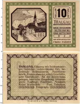 Банкнота 10 геллеров Австрии 1920 года Тальгау