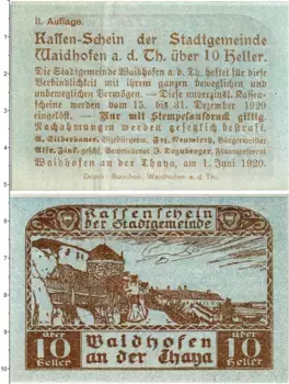 Банкнота 10 геллеров Австрии 1920 года Вайдхофен-ан-дер-Тайя
