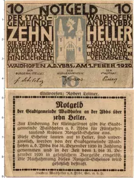 Банкнота 10 геллеров Австрии 1920 года Вайдхофен ан дер Иббс