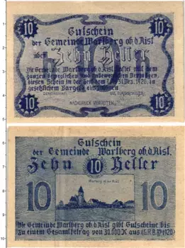 Банкнота 10 геллеров Австрии 1920 года Вартберг-об-дер-Айст