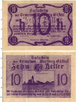 Банкнота 10 геллеров Австрии 1920 года Вартберг-об-дер-Айст