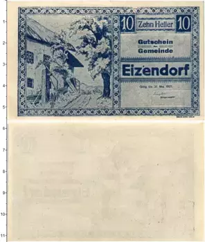 Банкнота 10 геллеров Австрии 1921 года Айцендорф